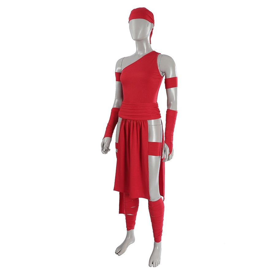 Elektra Natchios cosplay costume sets a red one-shoulder bodysuit into a waist wrap that gathers along matching arm sleeves.