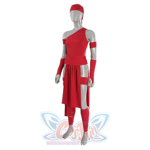 Elektra Natchios cosplay costume sets a red one-shoulder bodysuit into a waist wrap that gathers along matching arm sleeves.