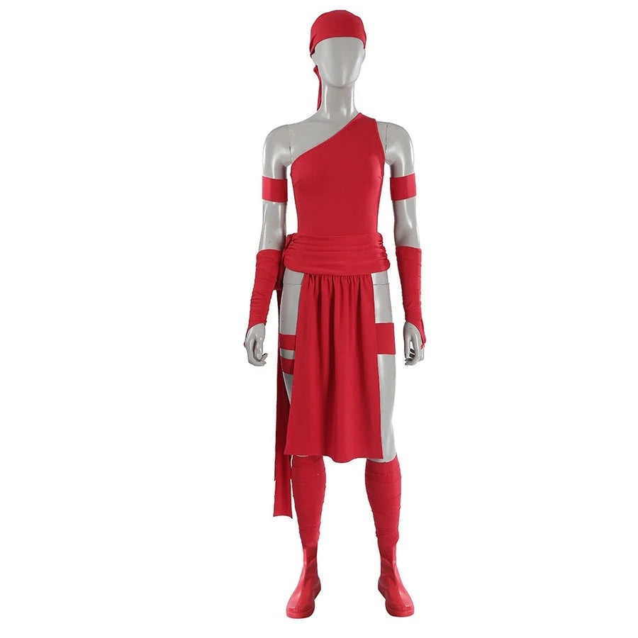 COSFUN Elektra Natchios cosplay costume set includes a vibrant red one-shoulder bodysuit paired beside matching fabric wraps.