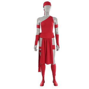 COSFUN Elektra Natchios cosplay costume set includes a vibrant red one-shoulder bodysuit paired beside matching fabric wraps.