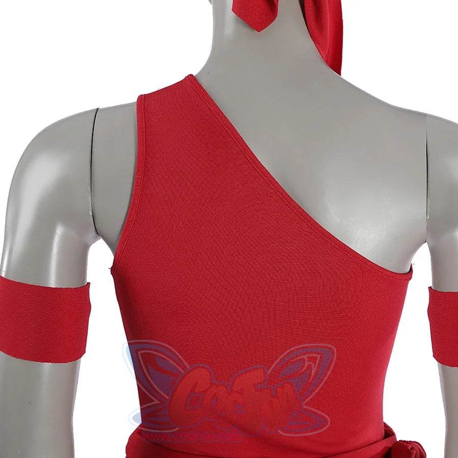 Elektra Natchios cosplay costume one-shoulder red bodysuit layers over arm bands and a matching tied head scarf accessory.