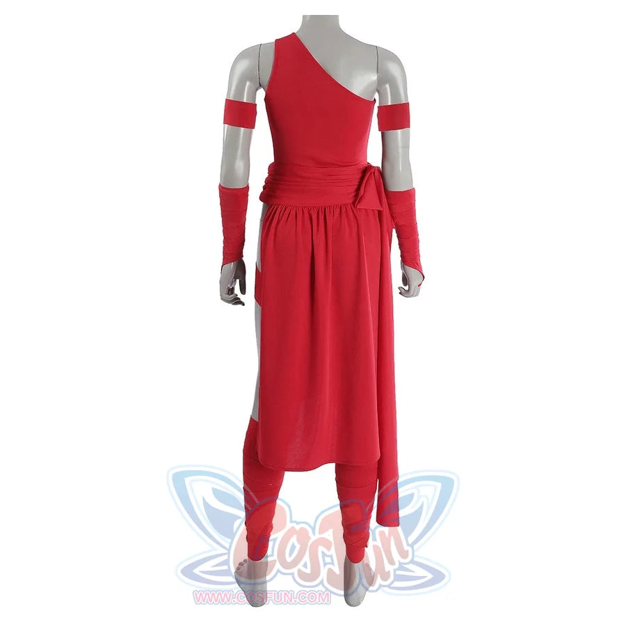 Elektra Natchios cosplay costume gathers at the waist while fabric straps wrap around the arms and legs in red textile.