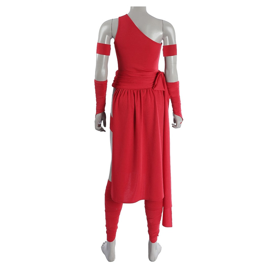 Elektra Natchios cosplay costume gathers at the waist while fabric straps wrap around the arms and legs in red textile.
