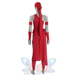 Elektra Natchios cosplay costume details the back view of the red bodysuit waist wrap head scarf and arm sleeve set.