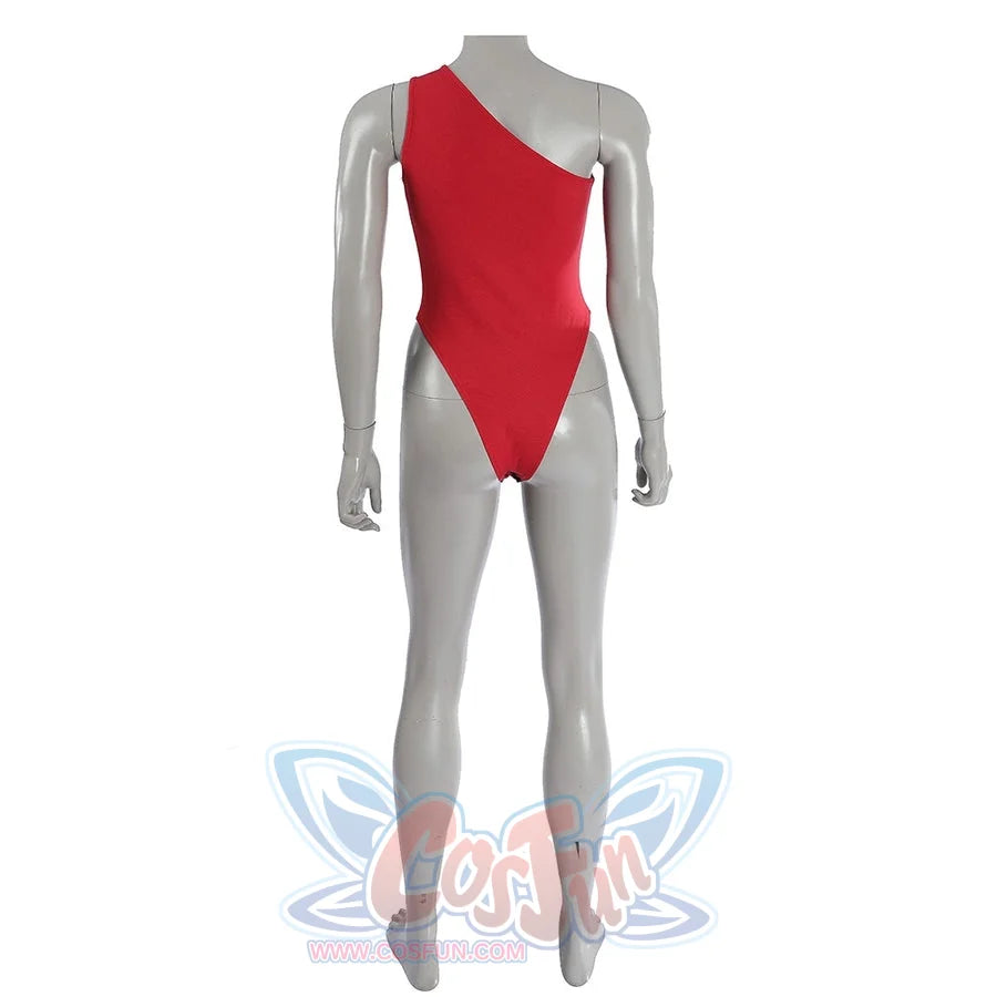 Elektra Natchios cosplay costume bodysuit frames the back in a vibrant red tone that anchors the one-shoulder silhouette.