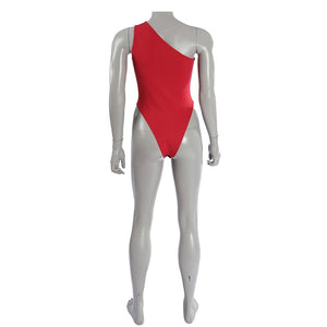 Elektra Natchios cosplay costume bodysuit frames the back in a vibrant red tone that anchors the one-shoulder silhouette.