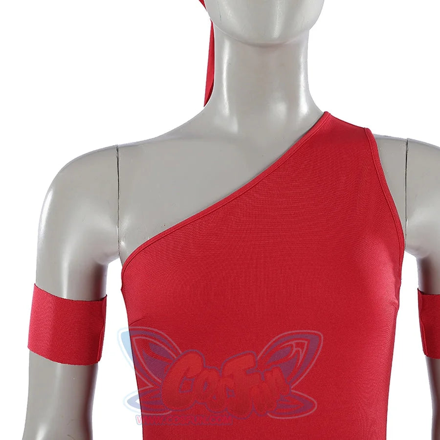 Elektra Natchios cosplay costume bodysuit frames the upper body in vibrant red fabric while arm bands trace the sleeves.