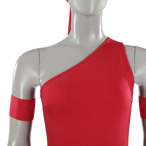Elektra Natchios cosplay costume bodysuit frames the upper body in vibrant red fabric while arm bands trace the sleeves.