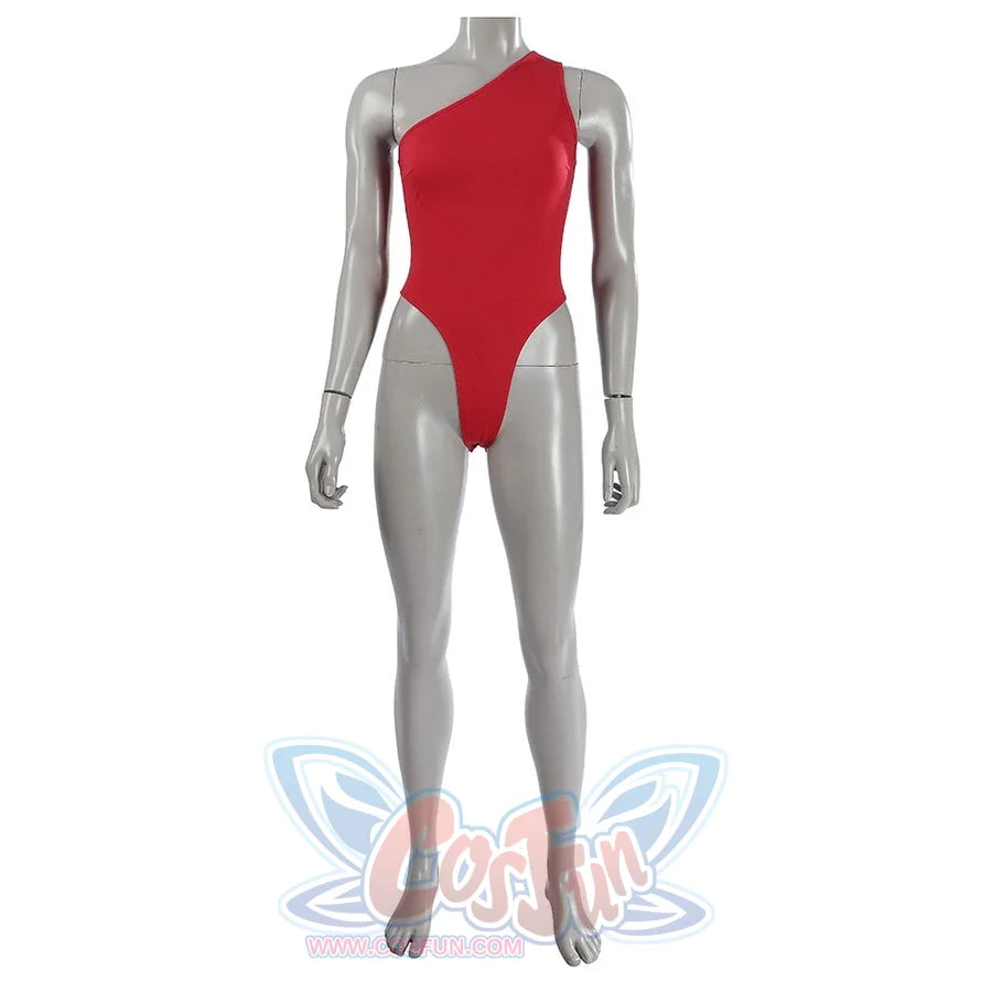 Elektra Natchios cosplay costume bodysuit in a vibrant red stretch fabric that layers over the torso in a fitted cut.