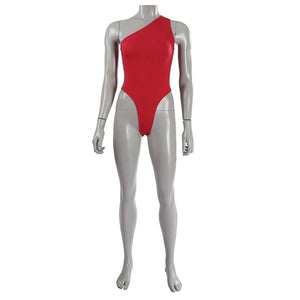 Elektra Natchios cosplay costume bodysuit in a vibrant red stretch fabric that layers over the torso in a fitted cut.