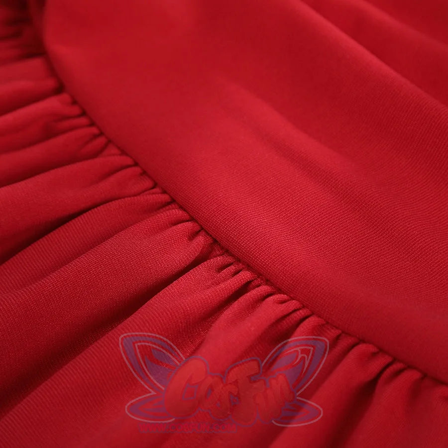 Elektra Natchios cosplay costume red stretch fabric gathers along a seam to create soft vertical folds in the material.