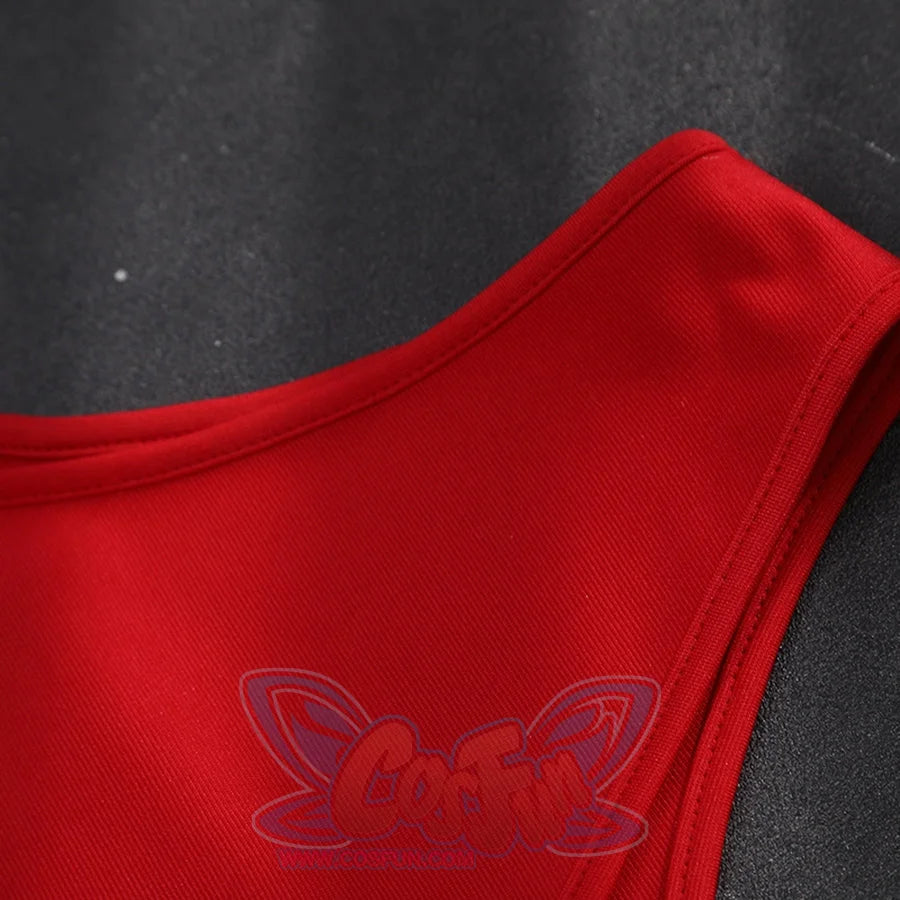 Elektra Natchios cosplay costume red fabric section centers durable hemmed stitching that defines the neckline contour.