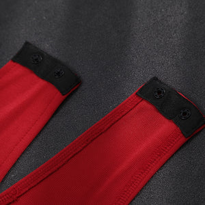 Elektra Natchios cosplay costume straps trace red textured fabric and anchor black circular snaps for secure attachments.