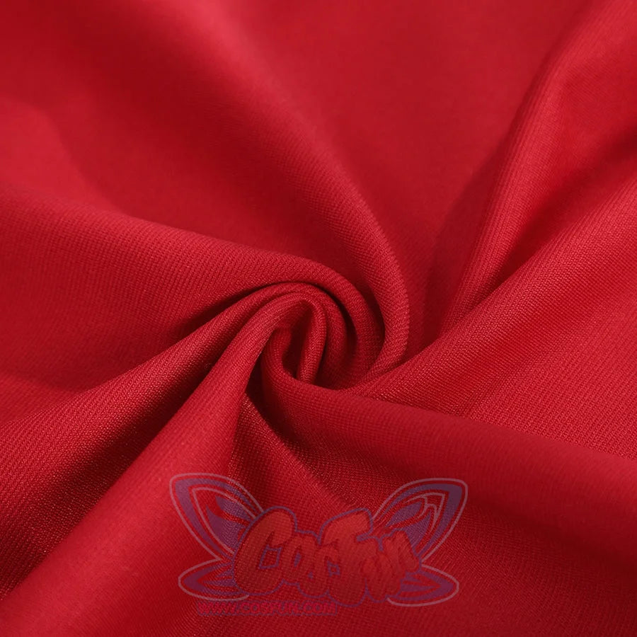 Elektra Natchios cosplay costume material gathers in soft deep red folds that reveal the textured weave of the fabric.