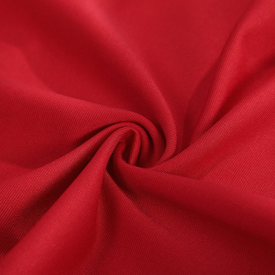 Elektra Natchios cosplay costume material gathers in soft deep red folds that reveal the textured weave of the fabric.