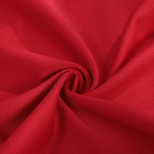 Elektra Natchios cosplay costume material gathers in soft deep red folds that reveal the textured weave of the fabric.