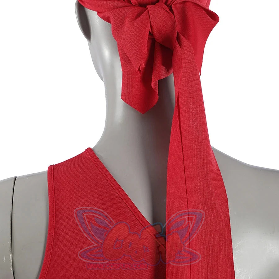 Elektra Natchios cosplay costume ties a knotted red head scarf over the sleeveless bodysuit neckline to complete the look.