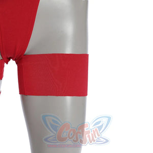 Elektra Natchios cosplay costume red fabric strap anchors snugly around the leg to secure the bodysuit for a fitted look.