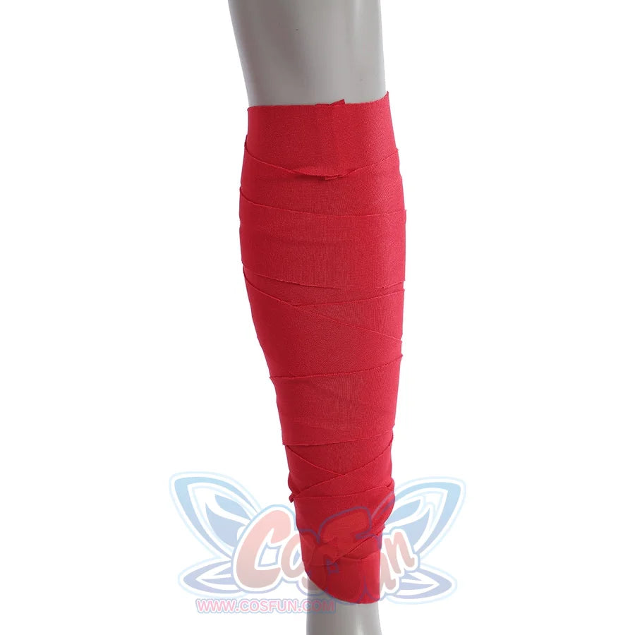 Elektra Natchios cosplay costume red fabric strip wraps around the leg to create the signature comic book character look.