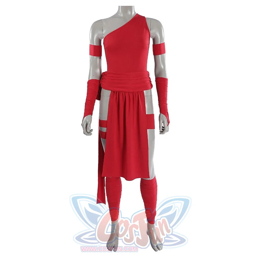 Elektra Natchios cosplay costume includes a vibrant red one-shoulder bodysuit layered beside a draped waist wrap and ties.
