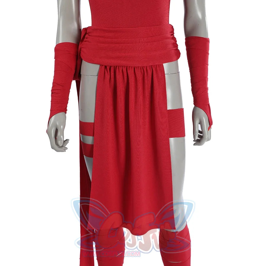 Elektra Natchios cosplay costume layers a red fabric waist wrap over a bodysuit beside matching arm sleeves and leg straps.