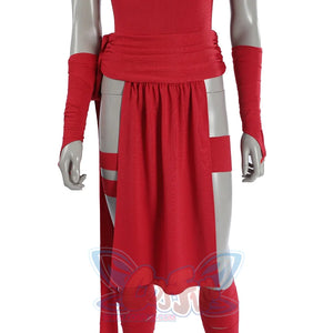 Elektra Natchios cosplay costume layers a red fabric waist wrap over a bodysuit beside matching arm sleeves and leg straps.