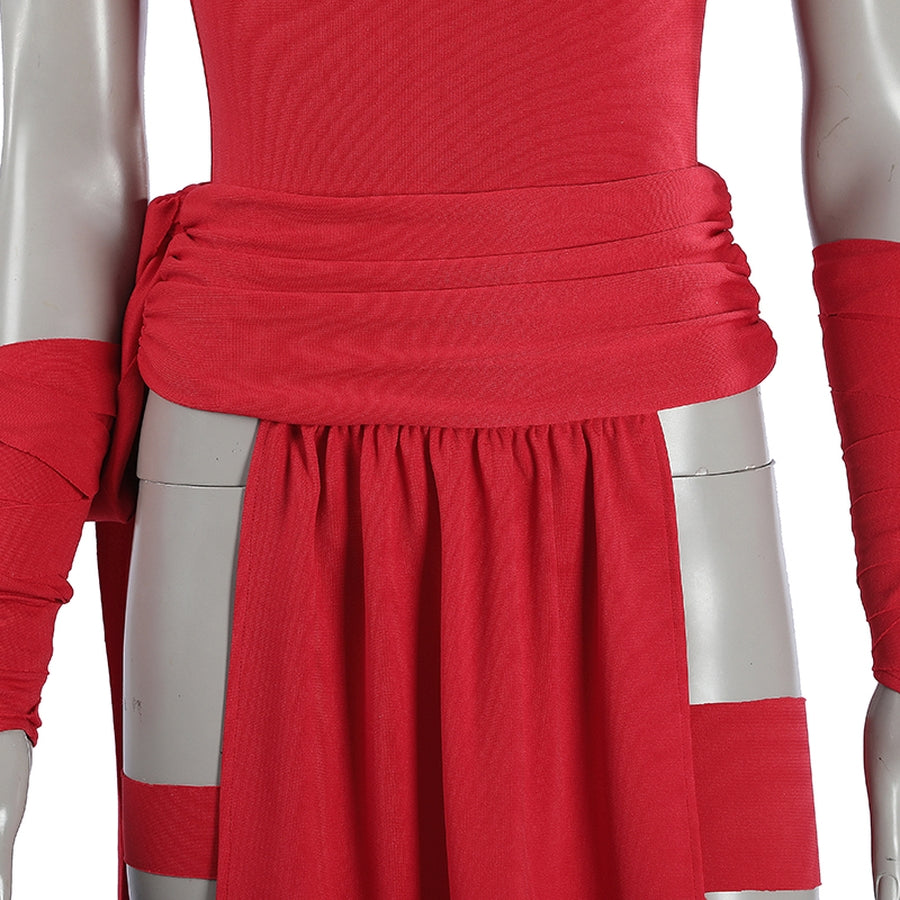 Elektra Natchios cosplay costume centers on a red bodysuit fabric layer that anchors a pleated waist wrap and arm bands.