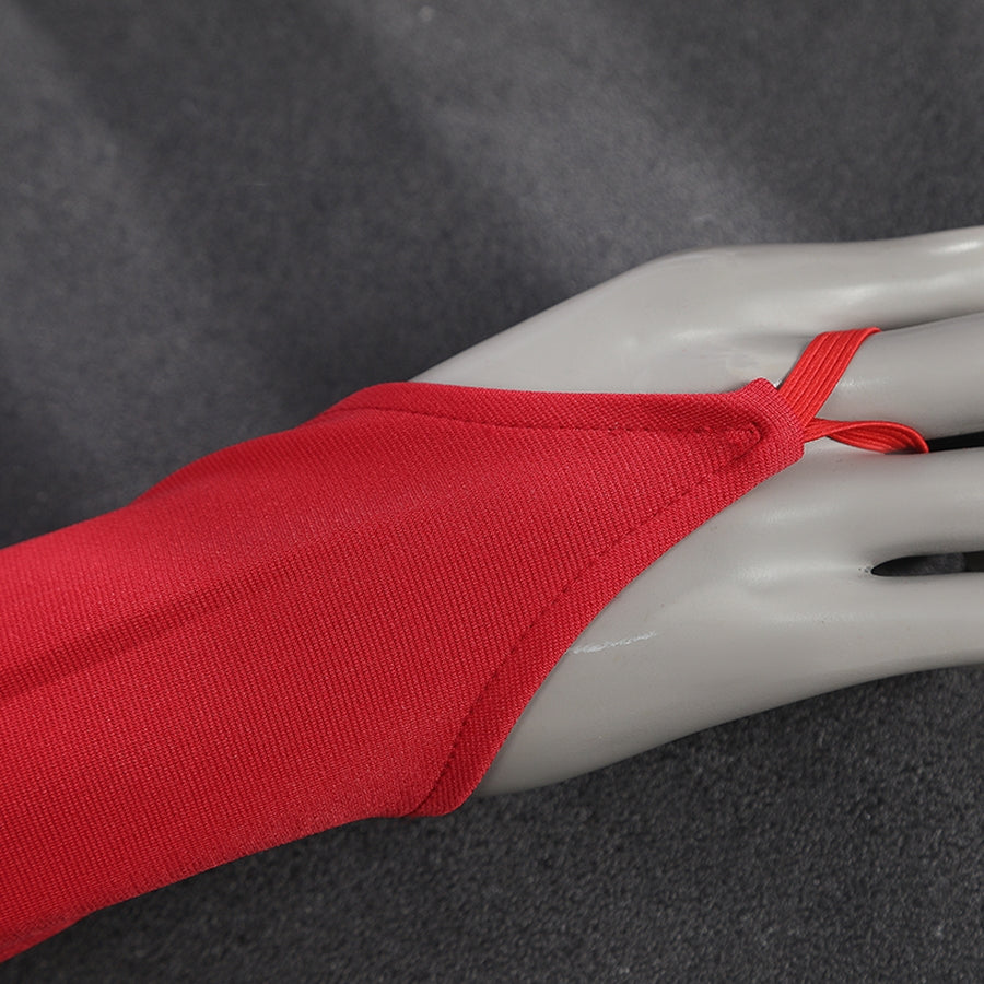 Elektra Natchios cosplay costume sleeve gathers into a durable finger loop to secure the red fabric around the hand.