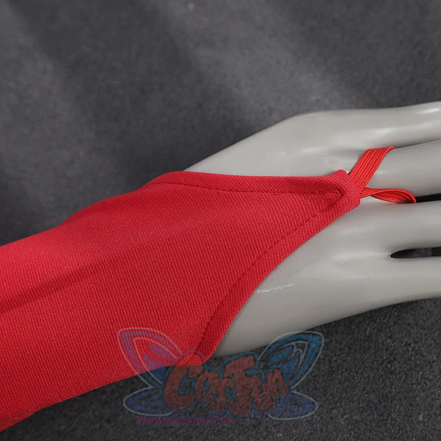 Elektra Natchios cosplay costume sleeve gathers into a durable finger loop to secure the red fabric around the hand.