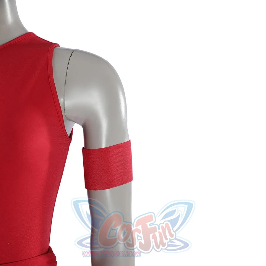 Elektra Natchios cosplay costume arm sleeve rests against the fitted red bodysuit material to complete the fitted look.