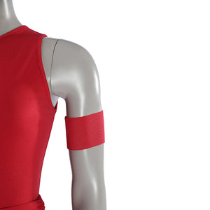 Elektra Natchios cosplay costume arm sleeve rests against the fitted red bodysuit material to complete the fitted look.