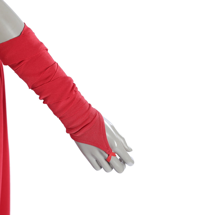Elektra Natchios cosplay costume sleeve design gathers fabric tightly down the arm and anchors around the middle finger.
