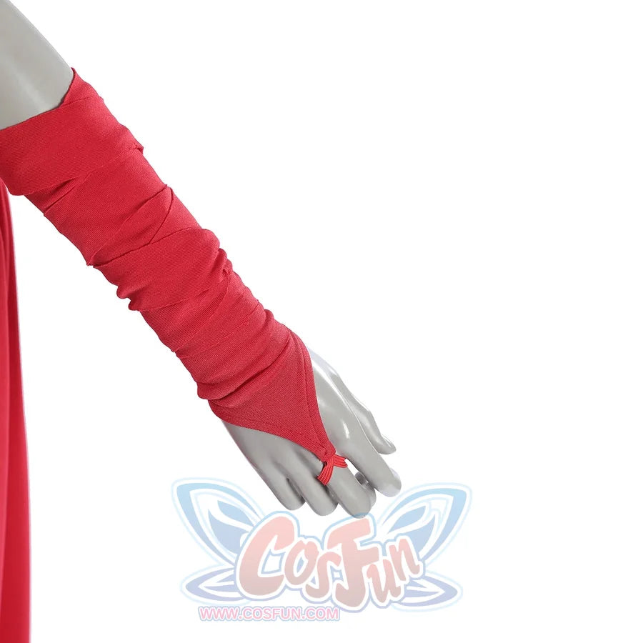 Elektra Natchios cosplay costume sleeve design gathers fabric tightly down the arm and anchors around the middle finger.