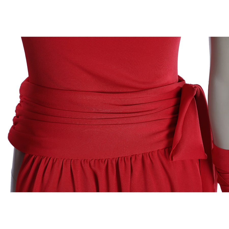 Elektra Natchios cosplay costume red waist wrap gathers at the side and balances the sleek fabric texture of the bodice.