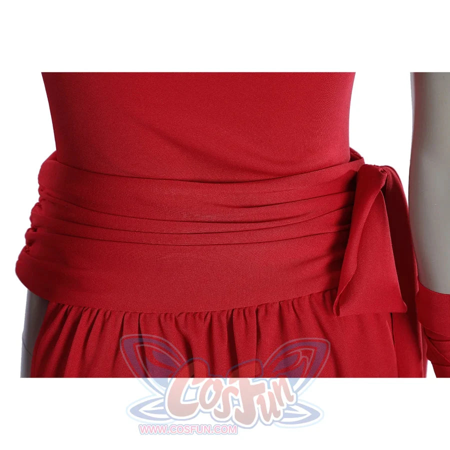 Elektra Natchios cosplay costume red waist wrap gathers at the side and balances the sleek fabric texture of the bodice.