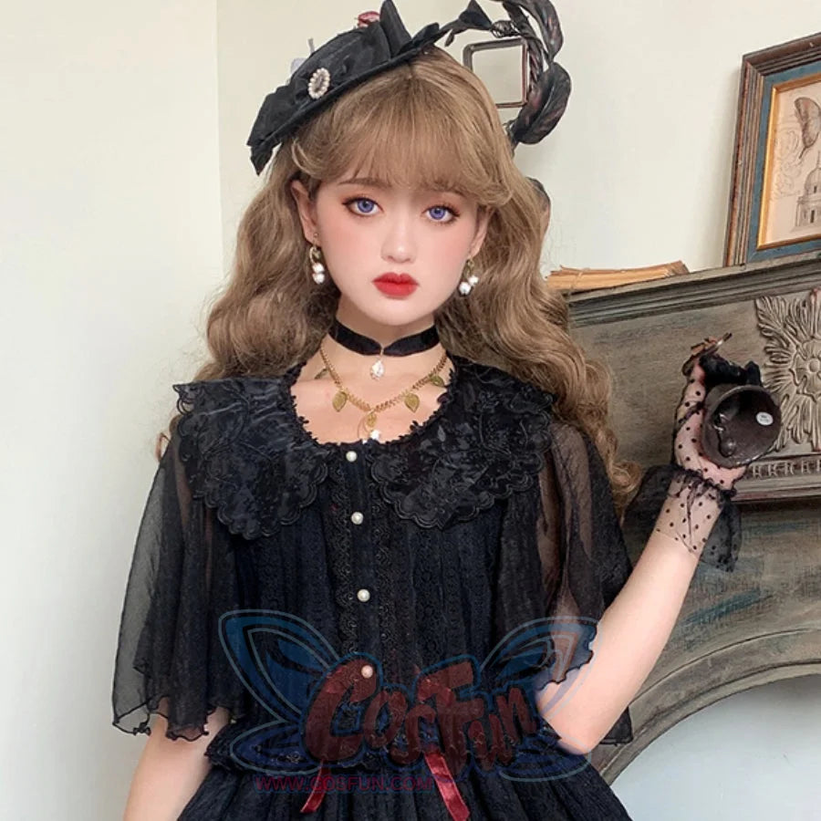 Elegant and Vintage Lolita Smock Short Sleeve / Black / S
