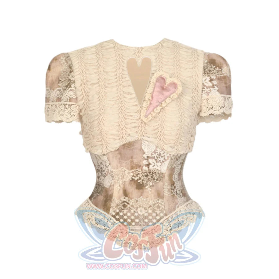 Rococo Duchess Lace Crop Top with Heart Cutout and Crew Neck