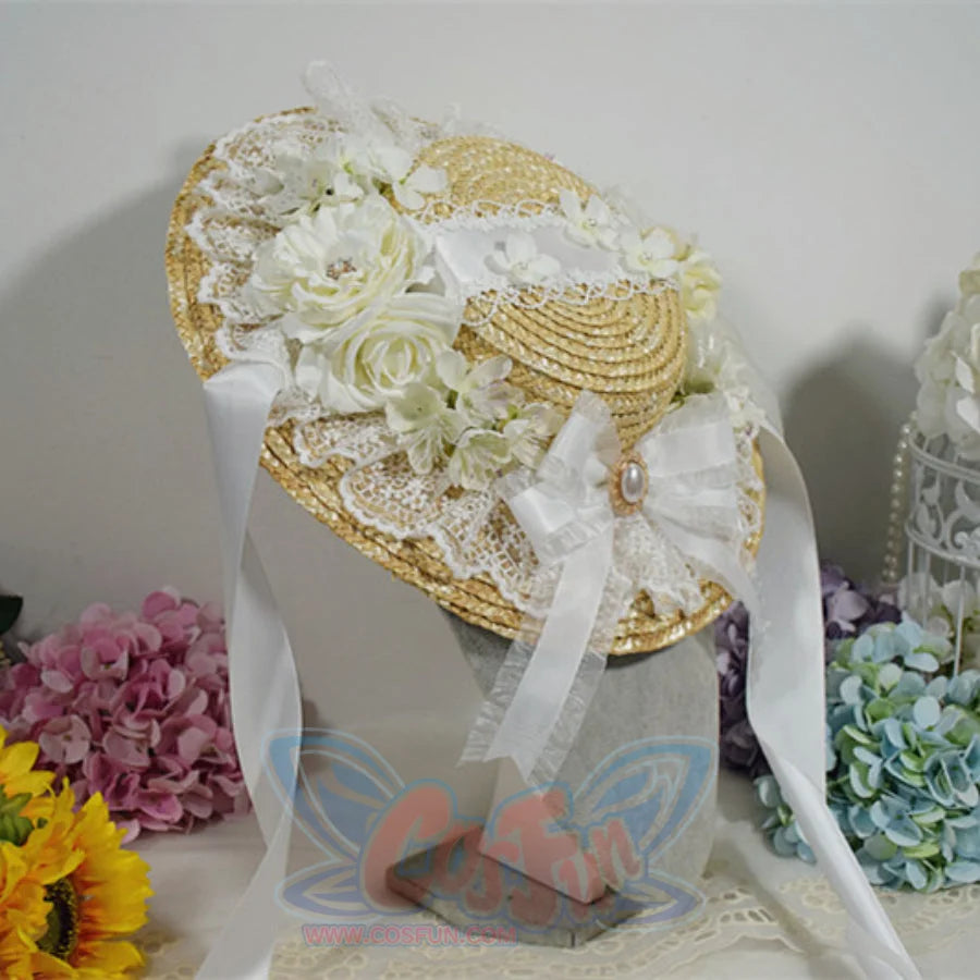 Original Elegant And Classic Lolita Flowers Straw Hat White