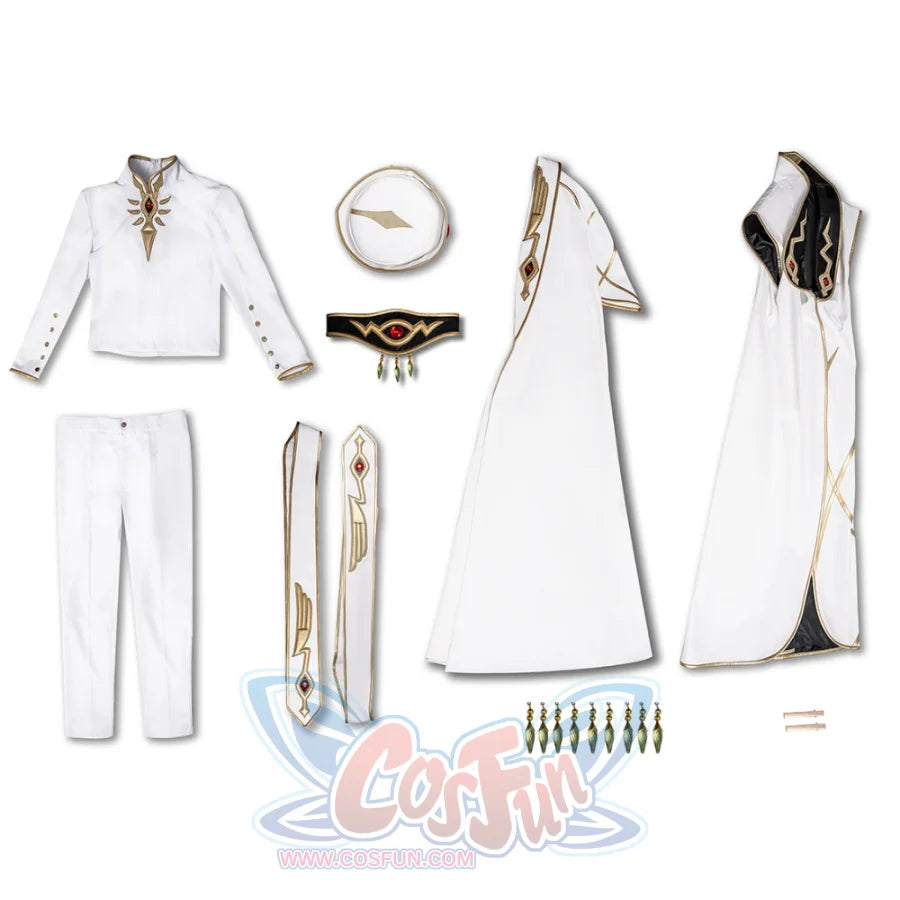 Anime Lelouch cosplay seven-piece set layers a white jacket and trousers beside a sleeveless robe and gem armband.