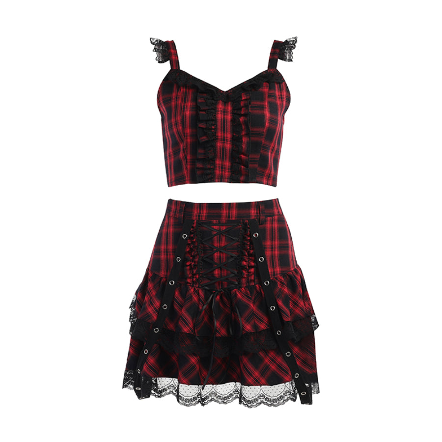 Sweet and Cool Plaid Camisole and Lace Up Skirt Two Piece Sets S22896
