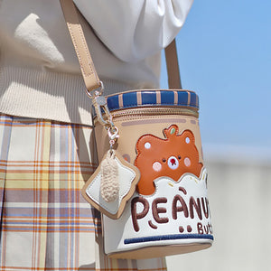 Lovely Bear Peanut Butter Embroidered Crossbody Bucket Bag