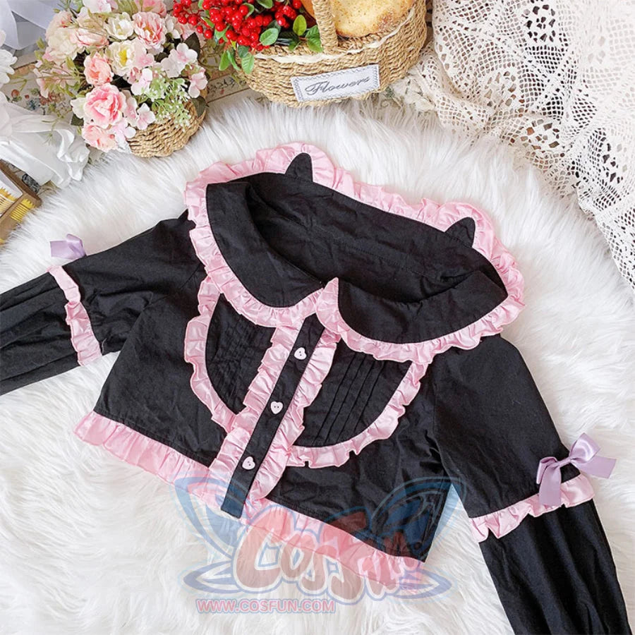 Sweet High Waist Lolita Jumper Skirt Sets Black and Pink / S / Shirt
