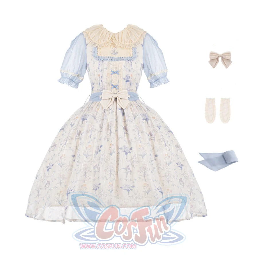 Vintage Elegant Floral Lolita Dress S22186 Blue Dress ( + bowknot + earrings + belt) / S