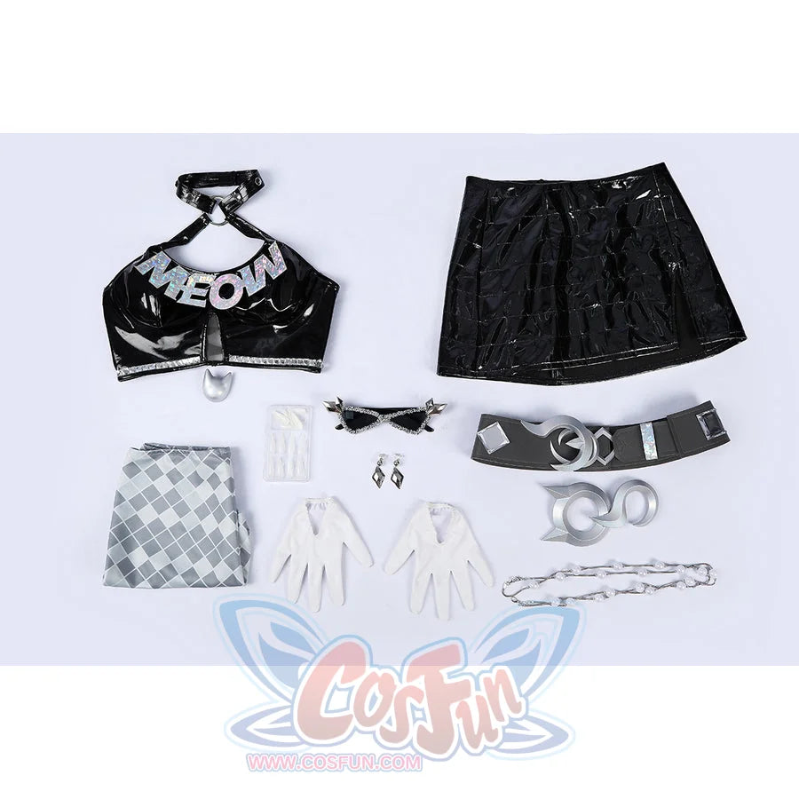 Felicia Hardy Urban Predator cosplay costume lays the costume set into a full flat-lay overview.