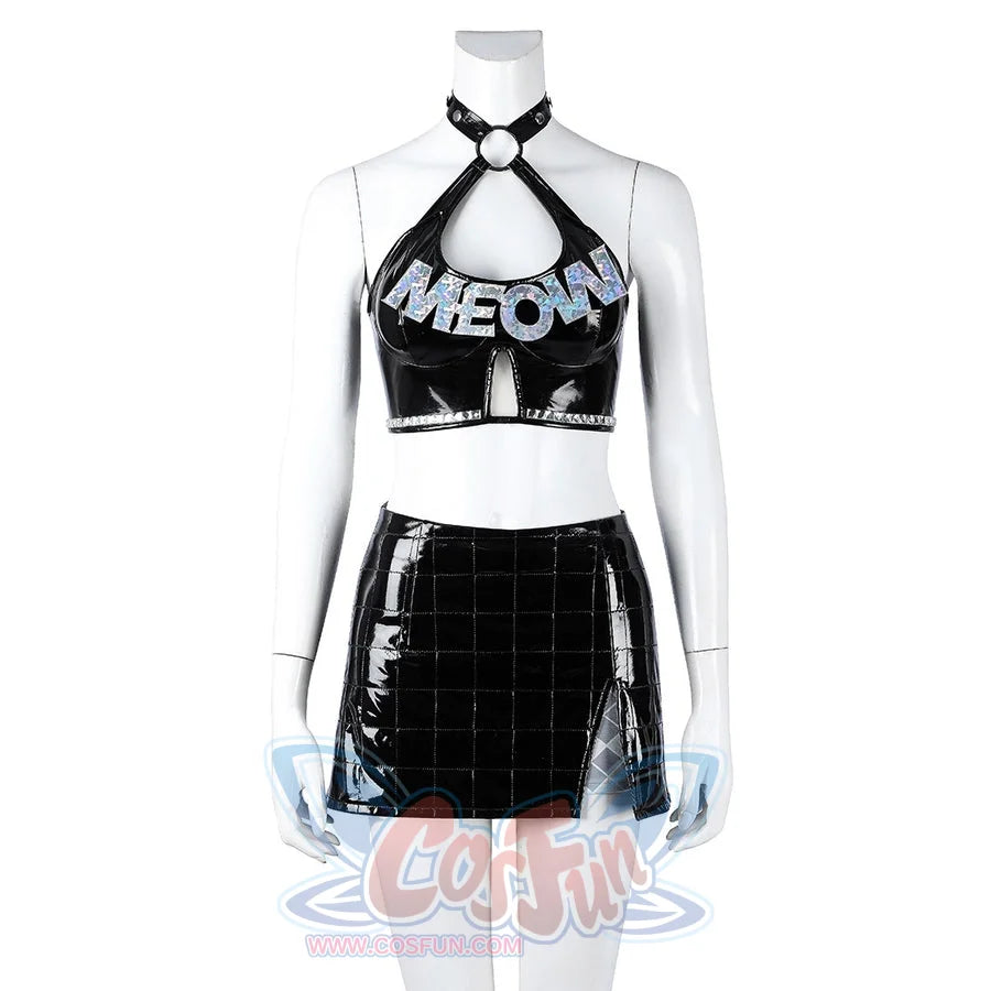 Felicia Hardy Urban Predator cosplay costume centers the halter top above the glossy mini skirt.