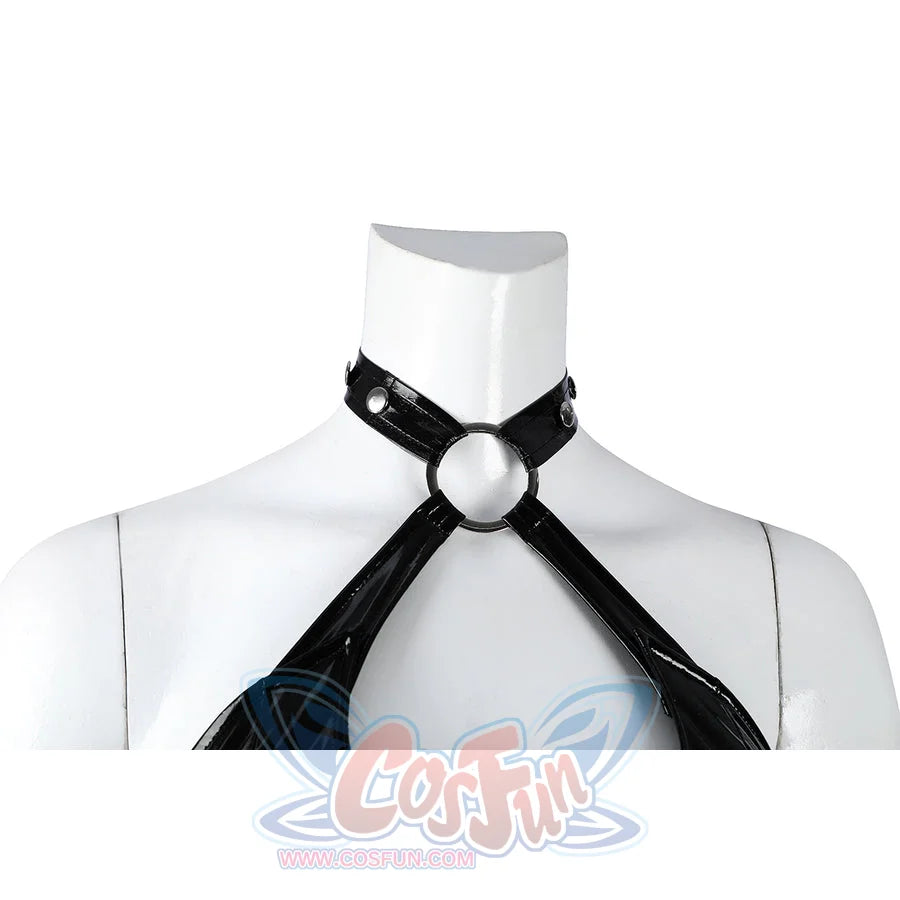 Felicia Hardy Urban Predator cosplay costume sets the silver neck ring between black halter straps.