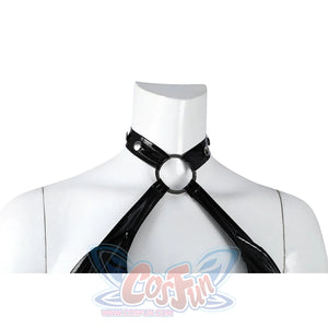 Felicia Hardy Urban Predator cosplay costume sets the silver neck ring between black halter straps.