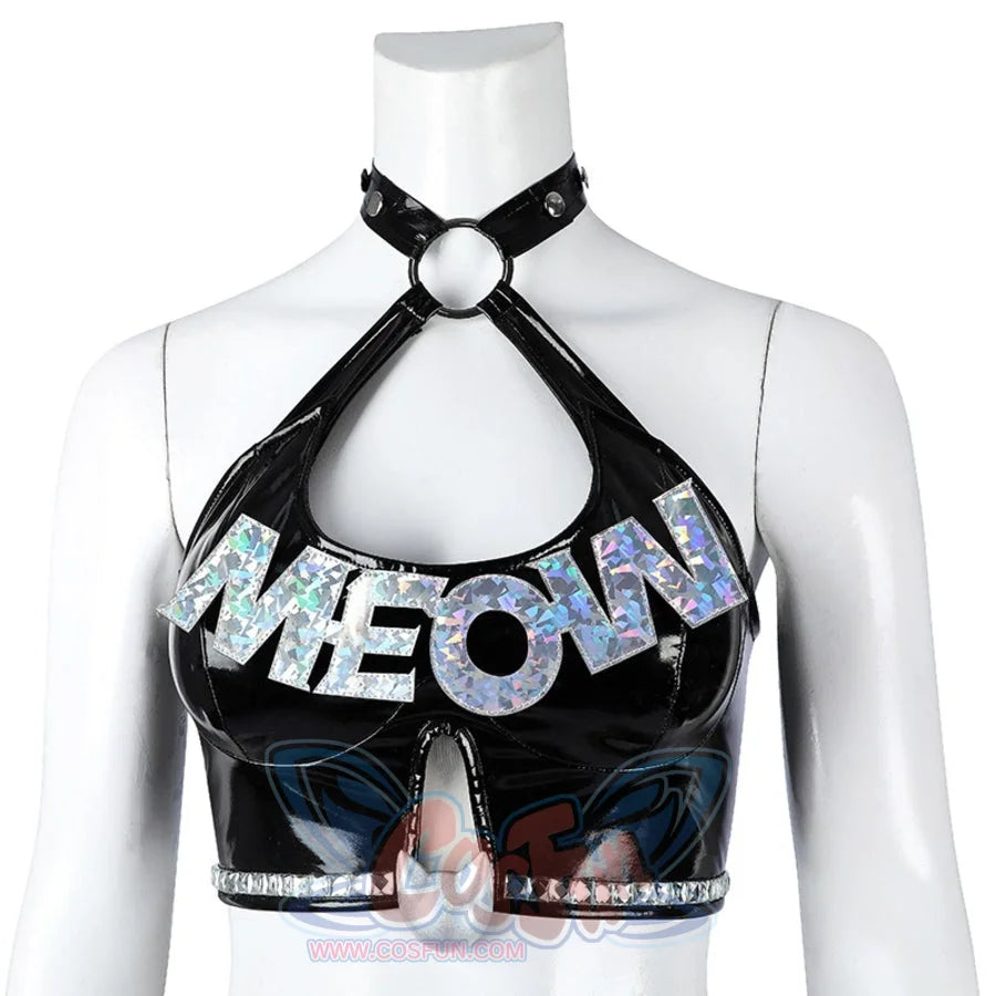 Felicia Hardy Urban Predator cosplay costume frames the round neck ring and black halter straps.