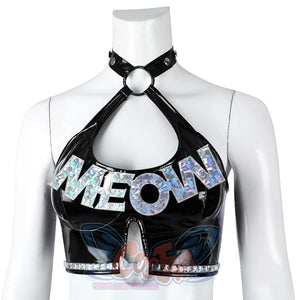 Felicia Hardy Urban Predator cosplay costume frames the round neck ring and black halter straps.