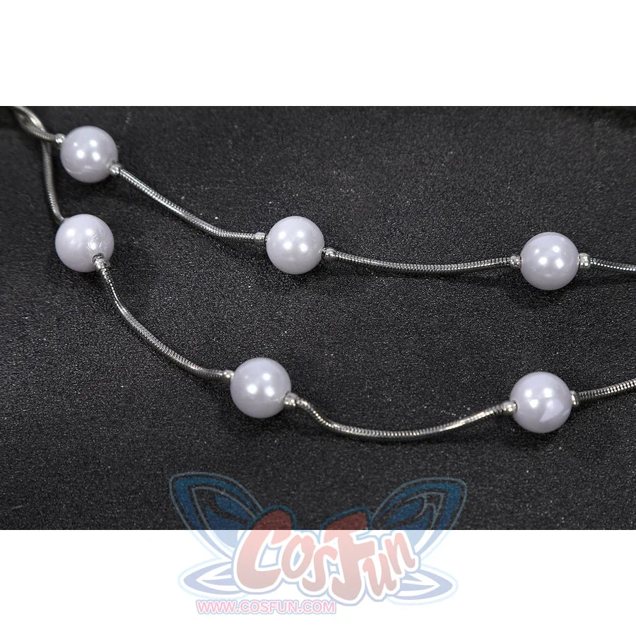Felicia Hardy Urban Predator cosplay costume lays pearl chain loops across the accessory strand.